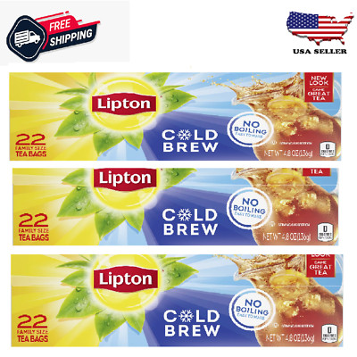 Lipton Family Size Cold Brew Iced Black Tea, Caffeinated, Tea Bags 22 Ct 3 Pack