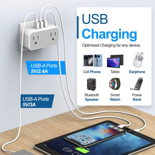Multiple Plug Outlet Splitter With 3 USB Wall Charger  2 Electrical Outlets