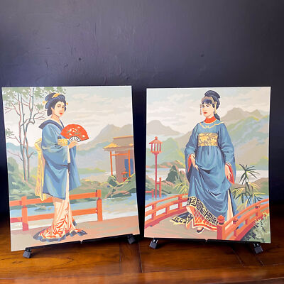 Vintage PAIR Paint by Numbers GEISHA GIRLS 20 x 16 Mid Century Wall Art SO NICE!