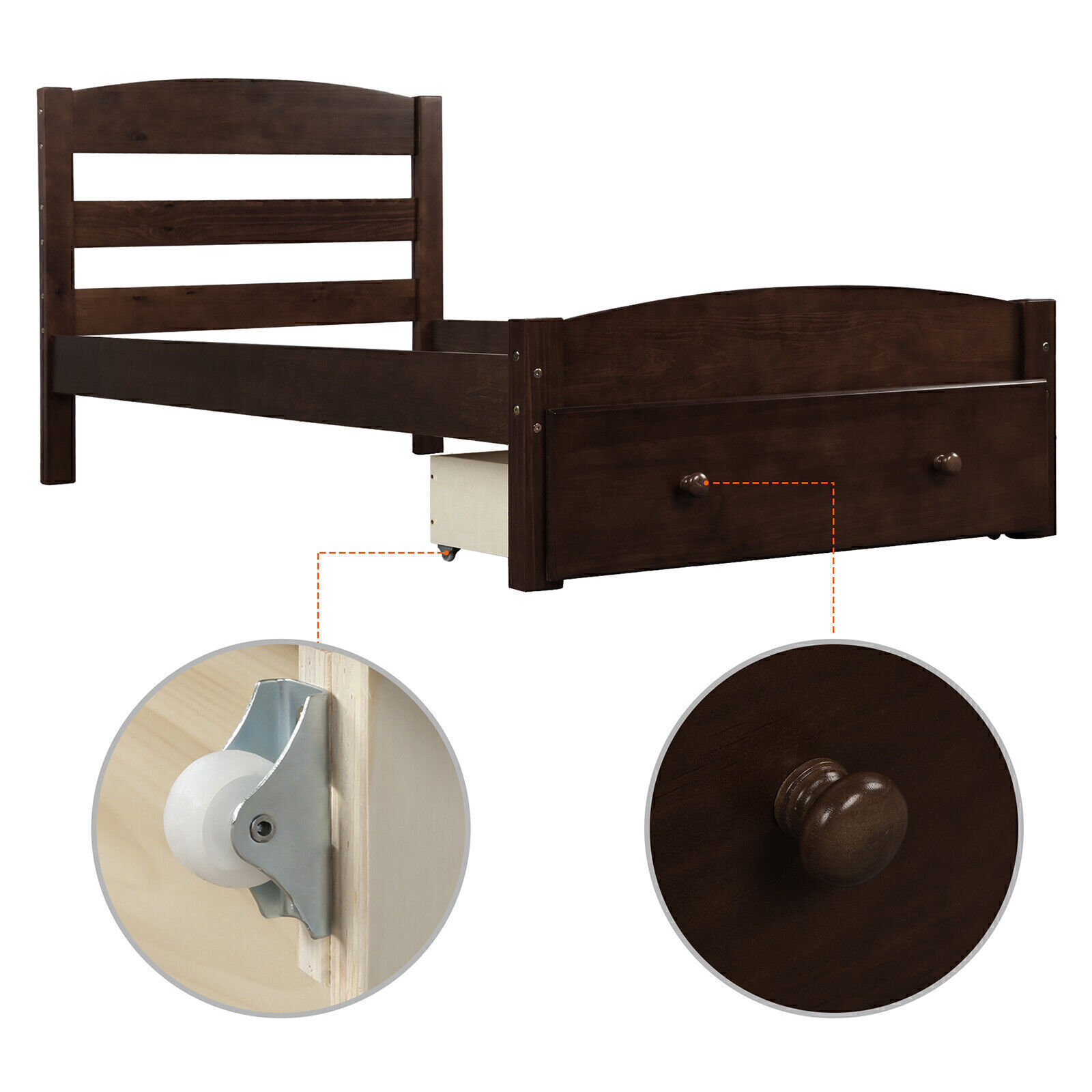 Espresso Twin Size Wood Platform Bed Frame with Drawer & Headboard and Footboard
