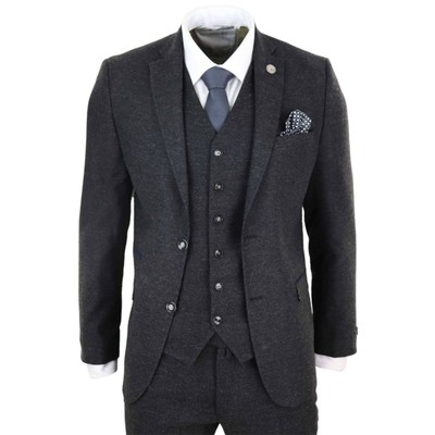 Pre-owned Truclothing Mens Wool Tweed Suit 3 Piece Authentic 1920s Tailored Fit Classic In Black