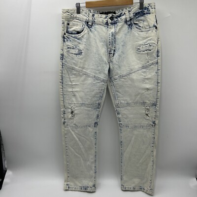 Mark Ecko Jeans Mens 32x29 Blue Straight Regular Distressed Thick Stitch Cut Sew