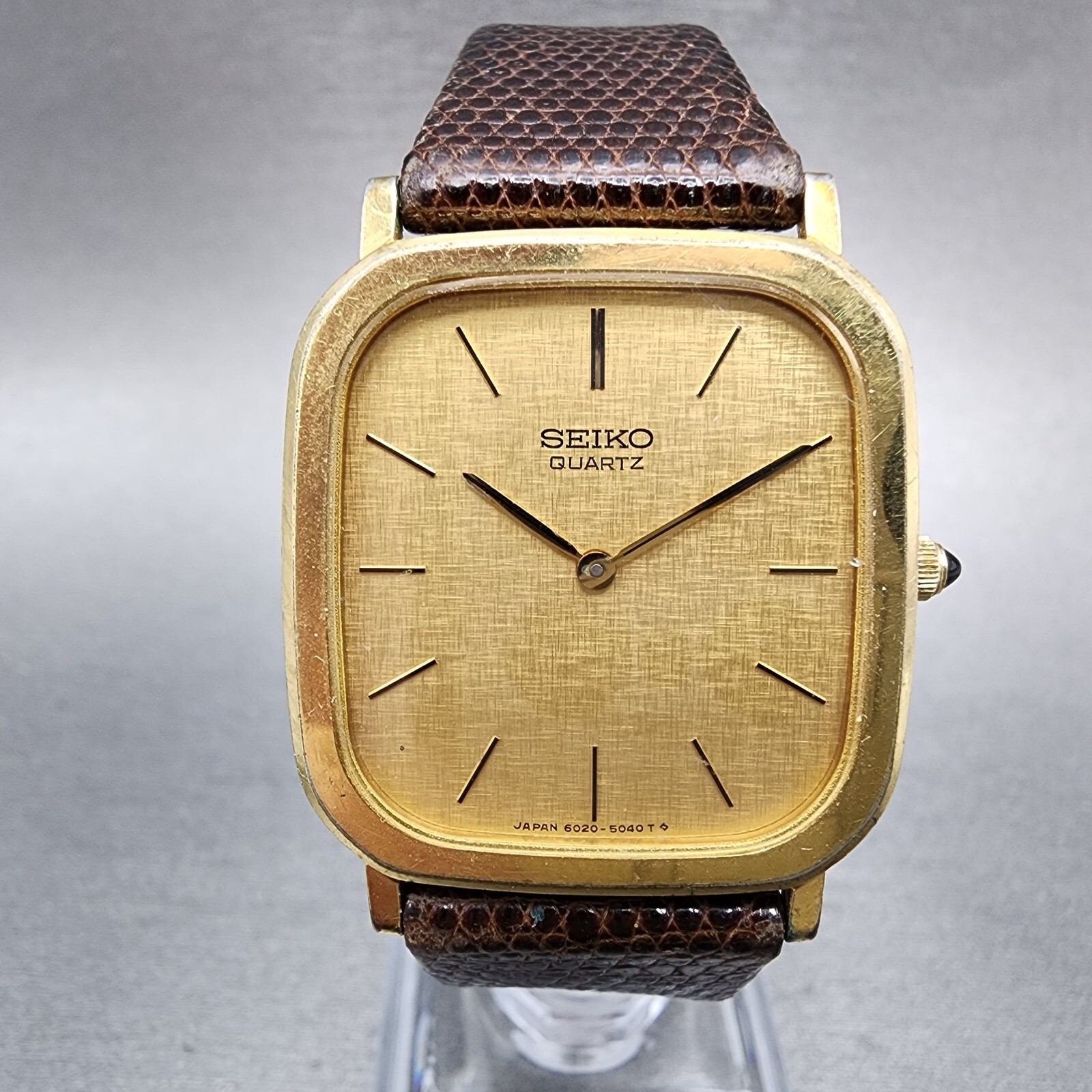 Seiko Tank Watch Men 28mm Gold Dial Gold Tone Rectangle 6020