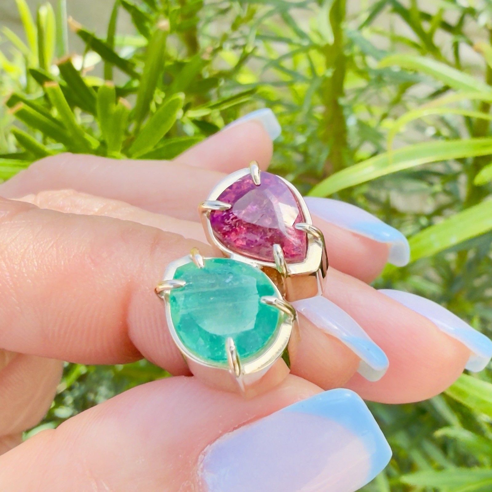 14k Yellow Gold Genuine Emerald & Pink Tourmaline Modernist Ring, New Size 6.5 - Picture 4 of 14