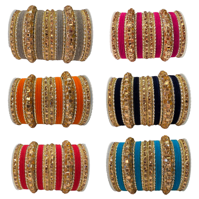 Indian Metal Bangle Set With Rhinestones kada and velvet bangles