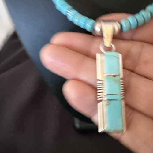 Pre-owned Handmade Blue Kingman Turquoise Inlay Pendant Navajo Sterling Silver Necklace 21” 16930