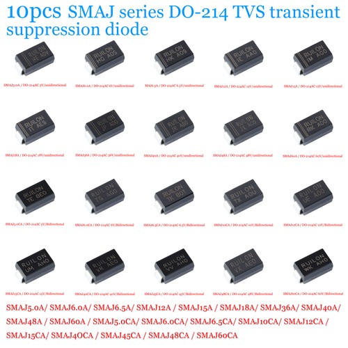 10pcs SMAJ5.0A-SMAJ60A Series DO-214 Single/two TVS