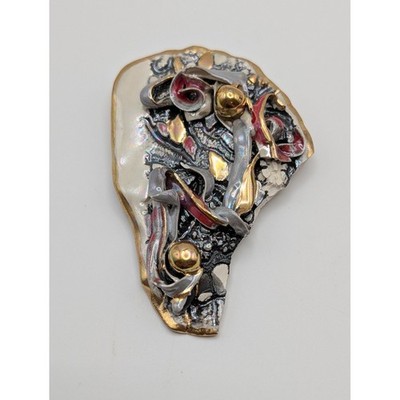 Vintage 80s Studio Ceramic Brooch Iridescent Lustre Red Gold Sculptural Art Pin