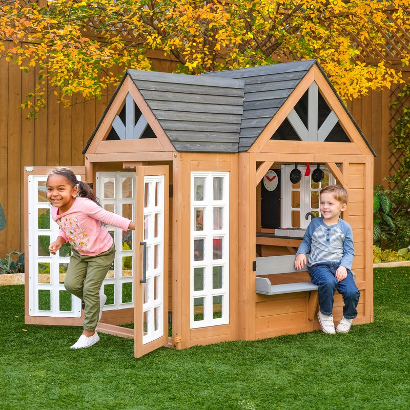 KIDS ATRIUM PLAYHOUSE PLAY KITCHEN SET OUTDOOR WOODEN HOUSE W/  FRENCH DOORS