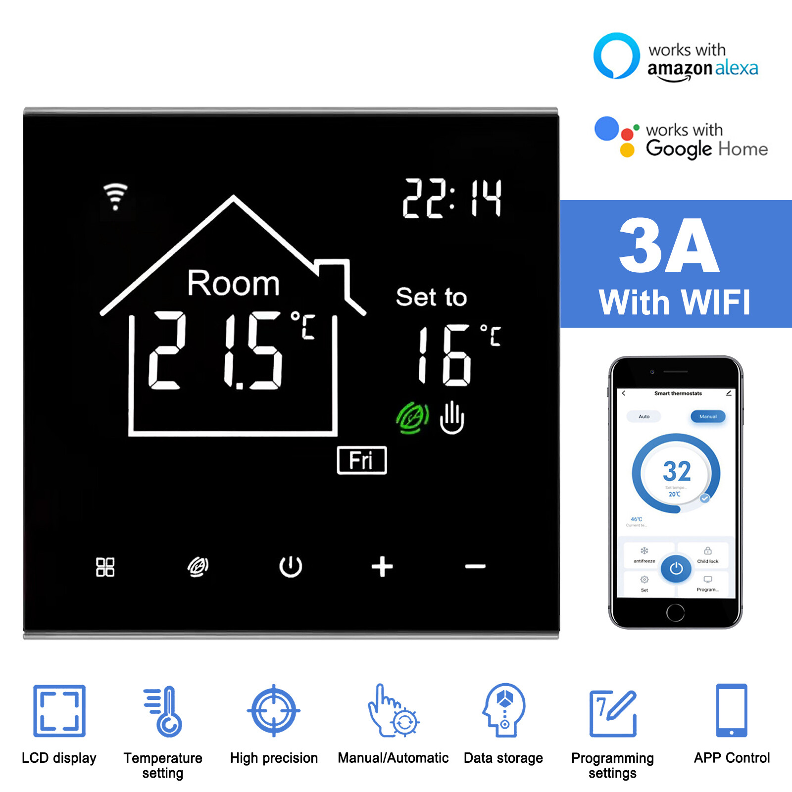 Digital Smart Thermostat Programmable Wifi Wireless Home Room Sensor App Control