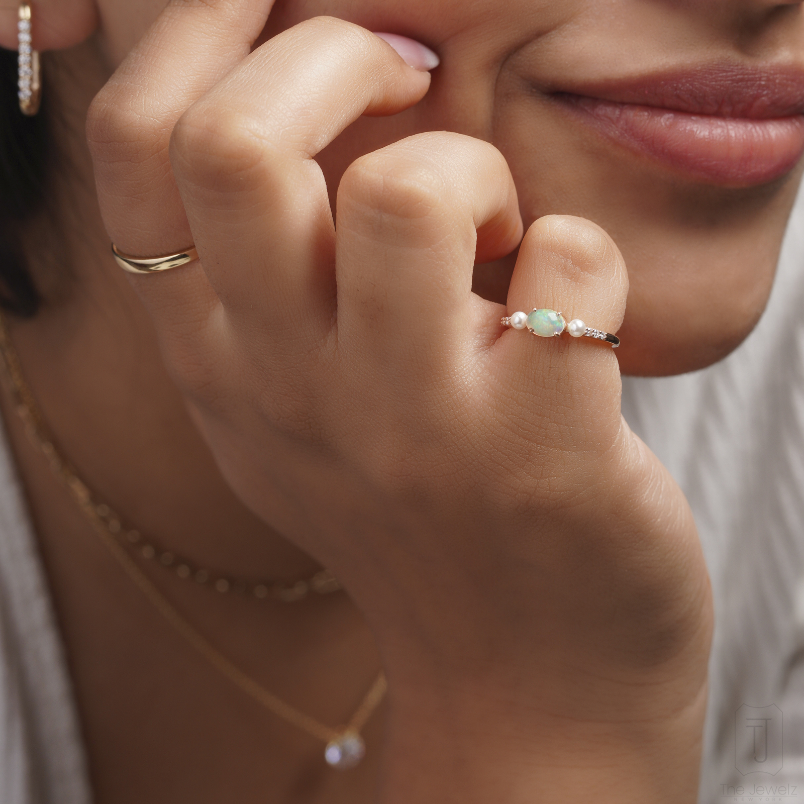 14K Gold  VS/F-G Diamond Opal And Pearl Vintage Style Inspired Ring
