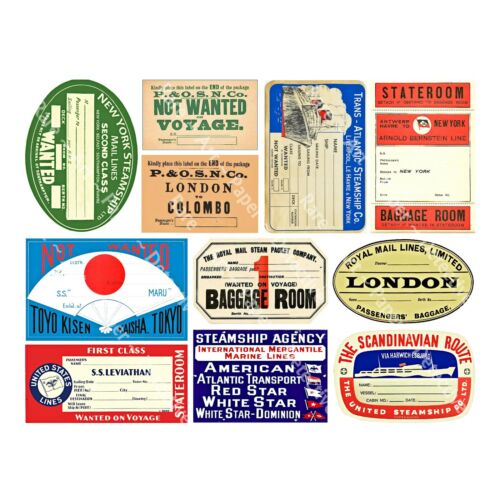11 STEAMER TRUNK LUGGAGE STICKERS & Baggage Tags, 1 Sheet, Travel REPRODUCTIONS