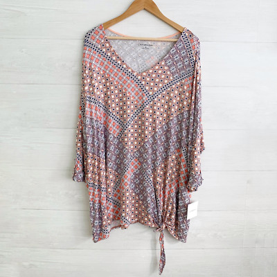 NWT Croft & Barrow - Geometric pink V-neck soft stretch rayon tie hem top, 3X