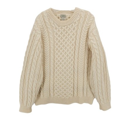 LL BEAN 100% Irish Wool Cable Knit Fisherman Sweater Cream Men's XL