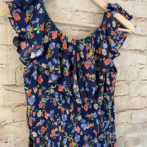 Zara Girls Floral Elastic Waist Romper Size 13/14 Navy Blue Coral Green