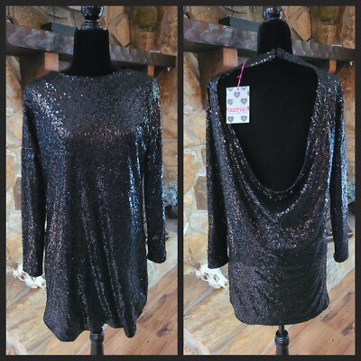 NWT Black Sequin Shift Dress Open Cowl Back Mini Sz 6 Sexy Prom Party