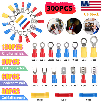 300PCS Insulated Electrical Wire Splice Terminal Spade Crimp Ring Connectors Kit