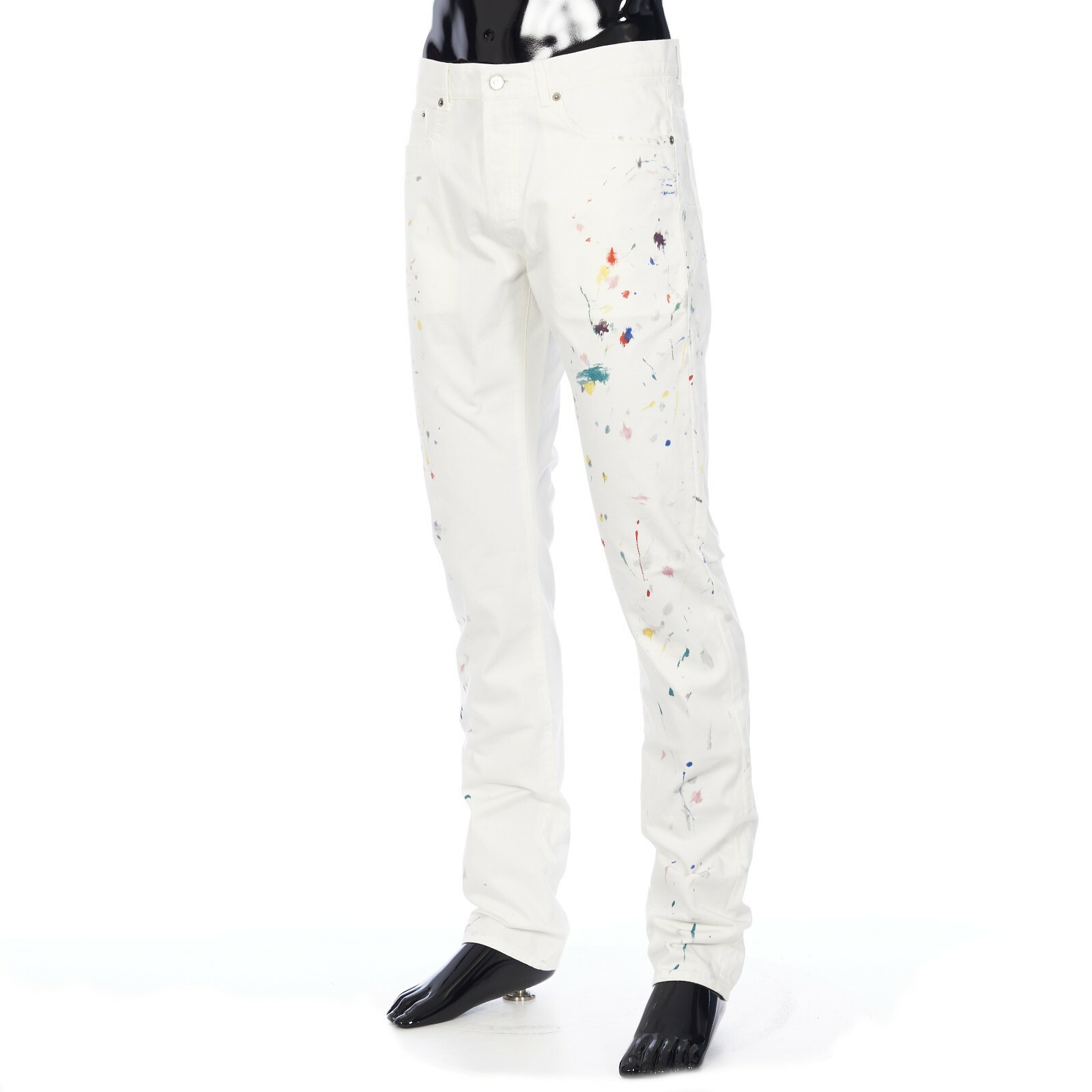 Pre-owned Dior 1200$ Slimfit White Cotton Denim Jeans - Multicolor Paint Spots, Pants