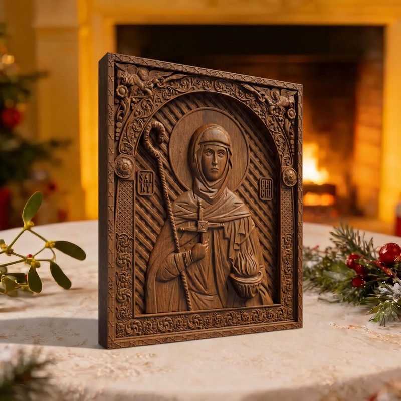 Saint Brigid Patron Saint of Poets Wood Carved Handmade Byzantine Christian Icon