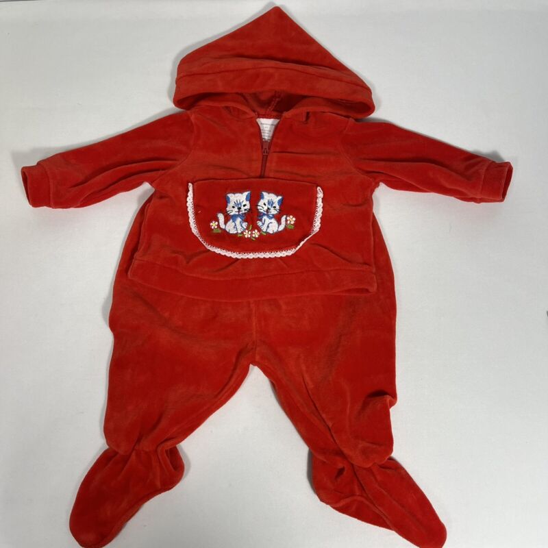 Baby Jumpsuit Red Velour Kitty Cats Hoodie Pants 0-3 Months Vintage
