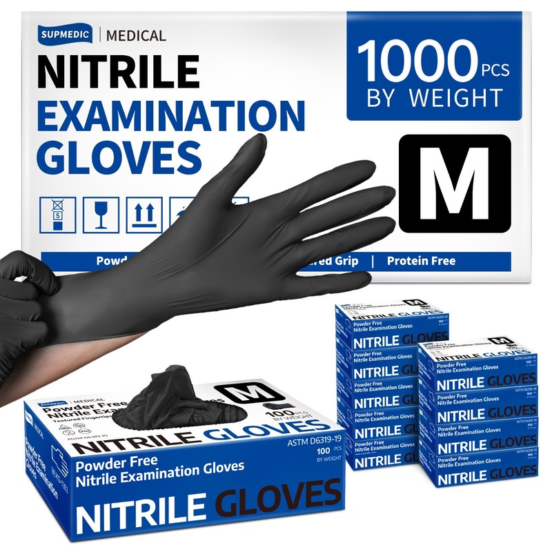 Medical Nitrile Exam Gloves, Black, Powder-Free Food-Safe Clean Disposable Glove