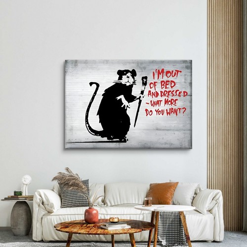 BANKSY I'M OUT OF BED RAT GRAFFITI STREET WALL ART CANVAS PICTURE FRAMED PRINT