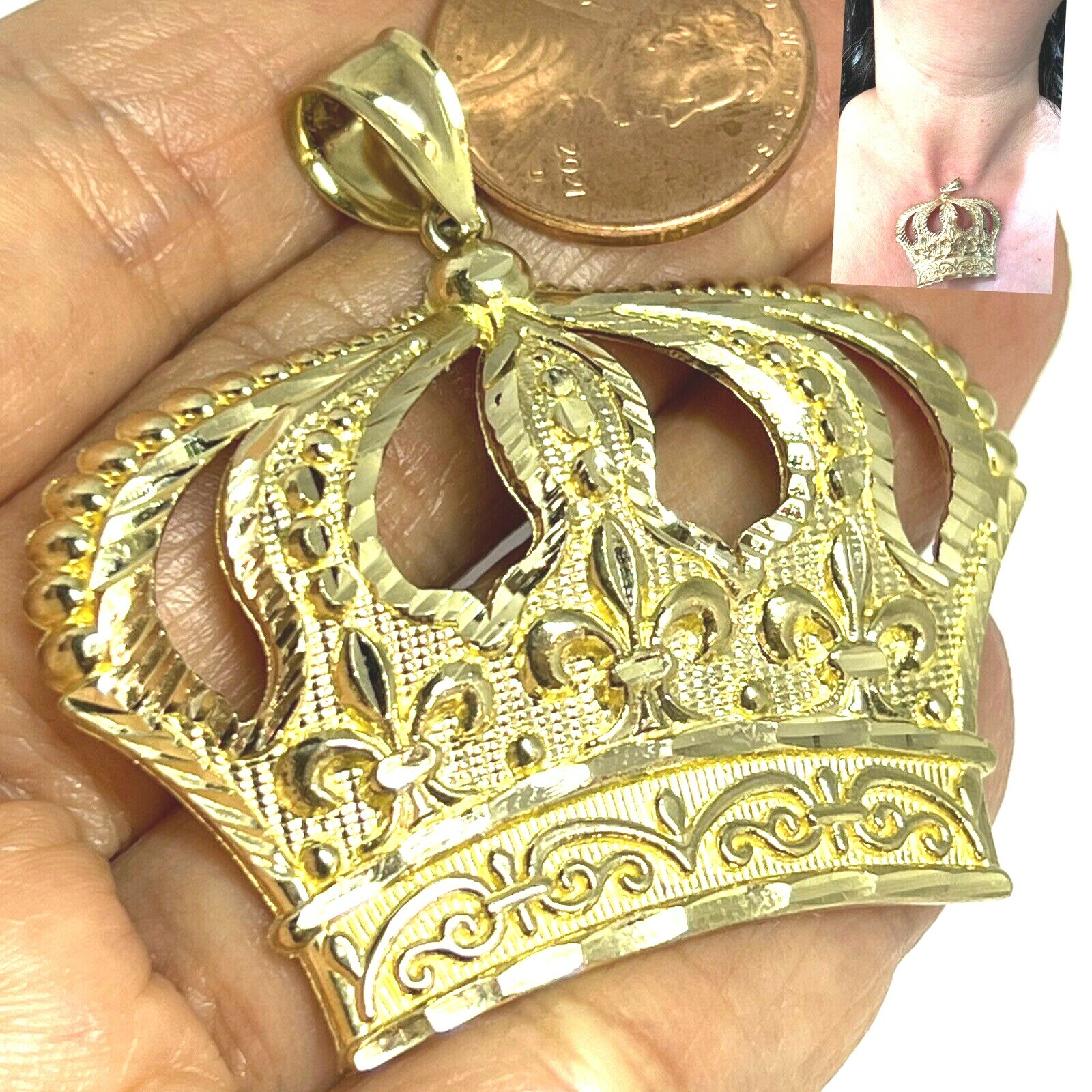 GOLd King Crown Pendant 10k NUGGET bling hip hop 3D 1.85