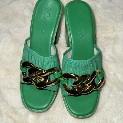 Cucco Sandals  Gold Chain Decor  Slides With Block Heel Green Size 8-Rarely Worn