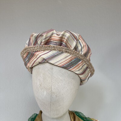 22  Mens Medieval Beige Stripe Renaissance Hat Romeo Hamlet Shakespeare Peach