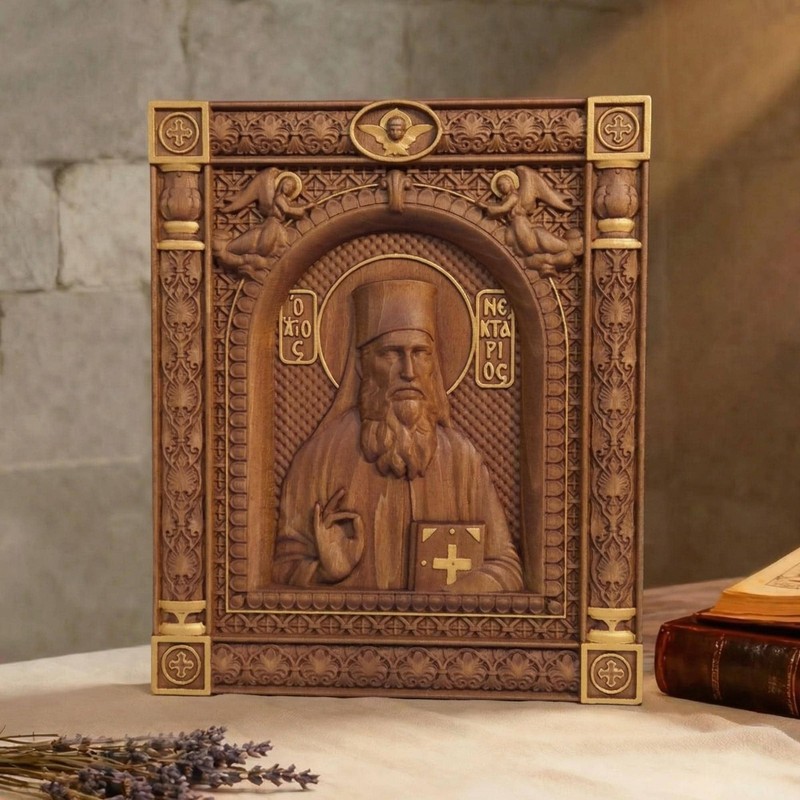 Saint Nektarios of Aegina Wooden Carved Handmade Byzantine Greek Christian Icon