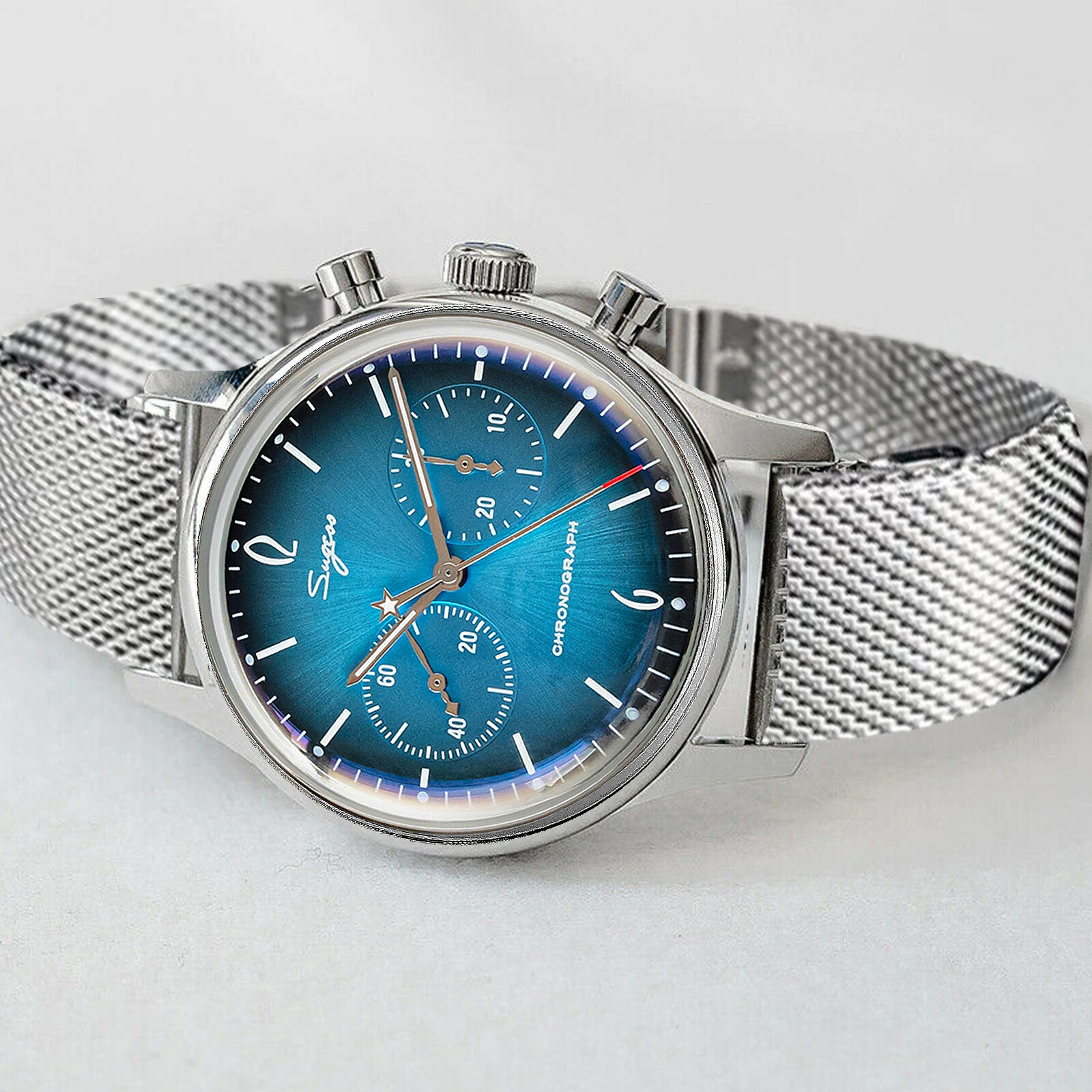 Pre-owned Sugess Gradient Blue Swan Neck Domed Mechanical Watch Seagull 1963 Su1901f023sn