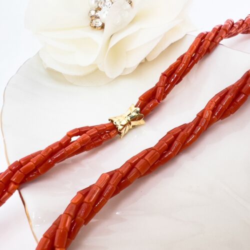 Natural Mediterranean Red Coral Multi-Strand 14K Yellow Gold Necklace, New 17.7