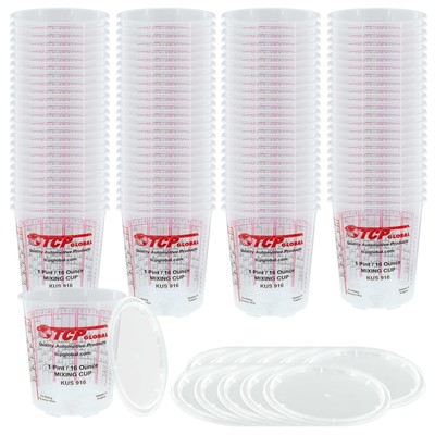 16-Ounce (1 Pint) Paint & Epoxy Mixing Cup Calibrated Ratios - 100 Cups/12 Lids