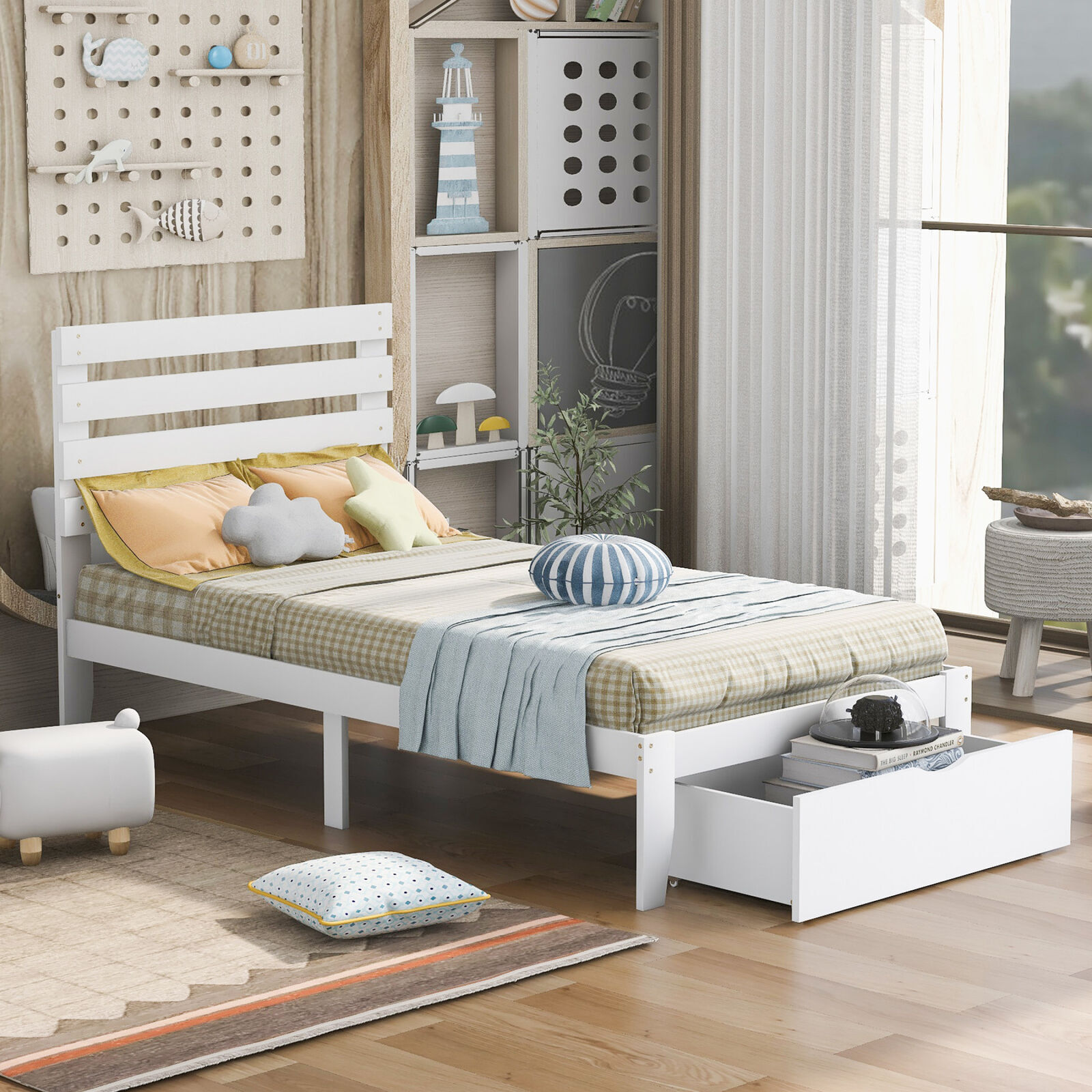 Twin Size Platform Bed with Drawer Constructed of Solid Pine Wood and MDF