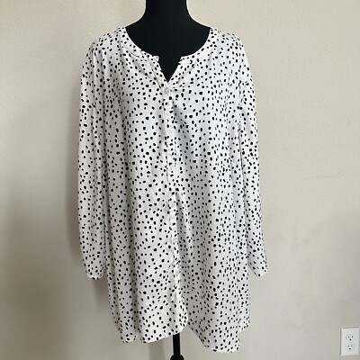 Catherines Top 4X Plus Button Up Office Polka Dot Roll Tab Sleeve White Casual