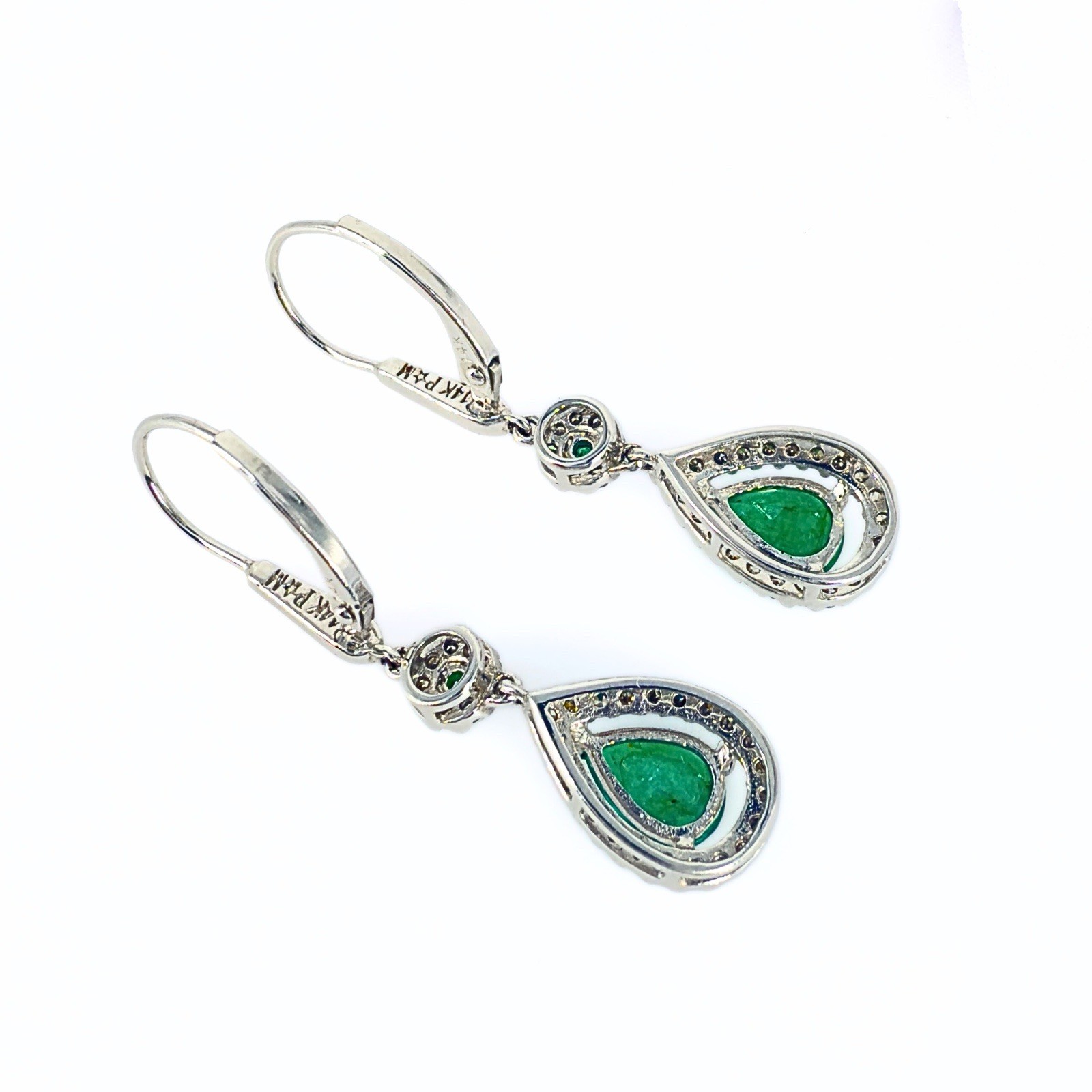 14k White Gold Genuine Emerald & Diamond Leverback Dangle Earrings, Preowned - Picture 10 of 11