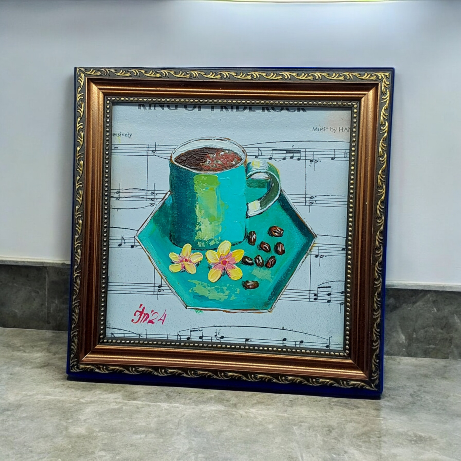 Coffee Cup 3 Original oil Painting Kitchen Decor Flowers Handmade Wall Art ooak