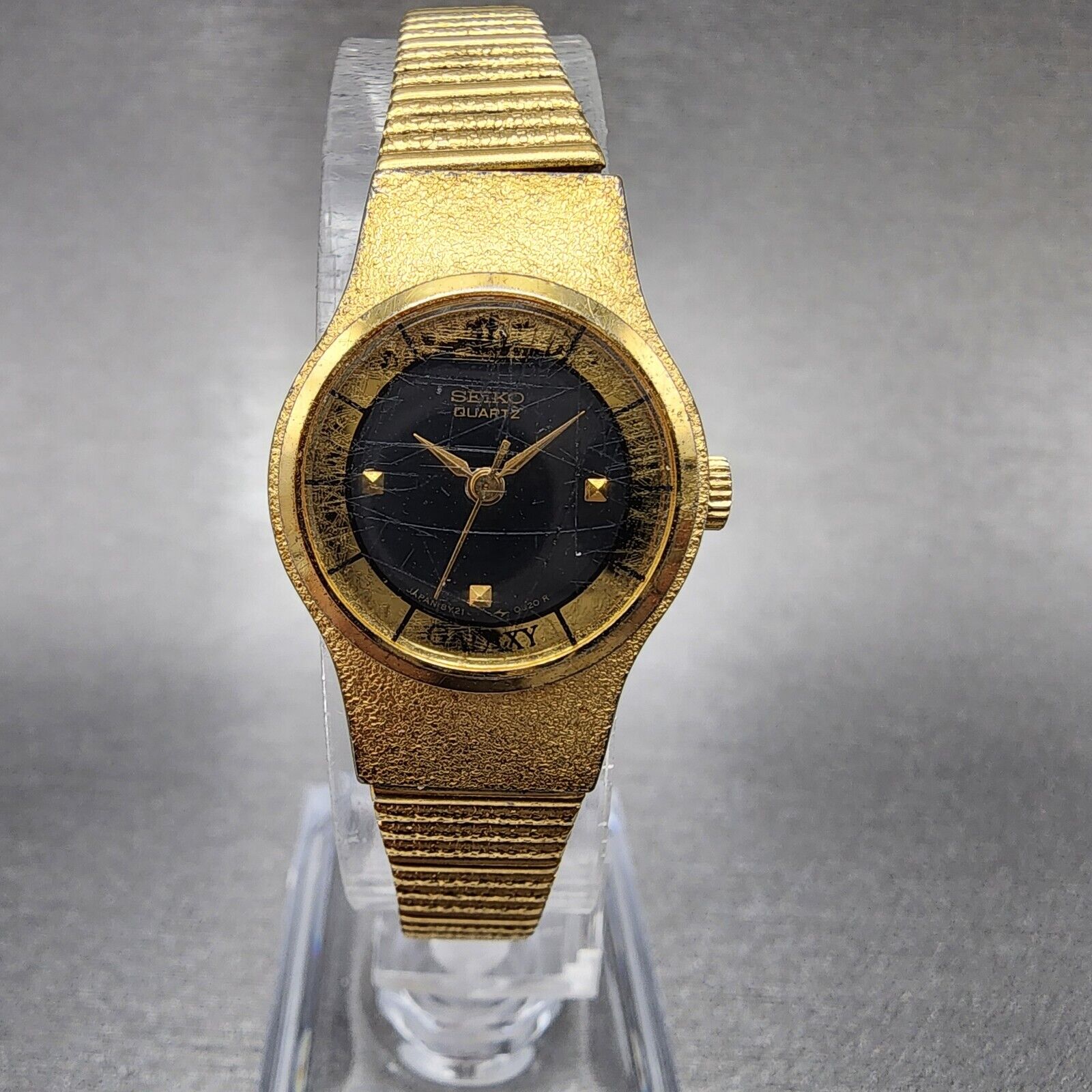 VTG Seiko Galaxy Watch Women 20mm Black Dial Gold Tone Round