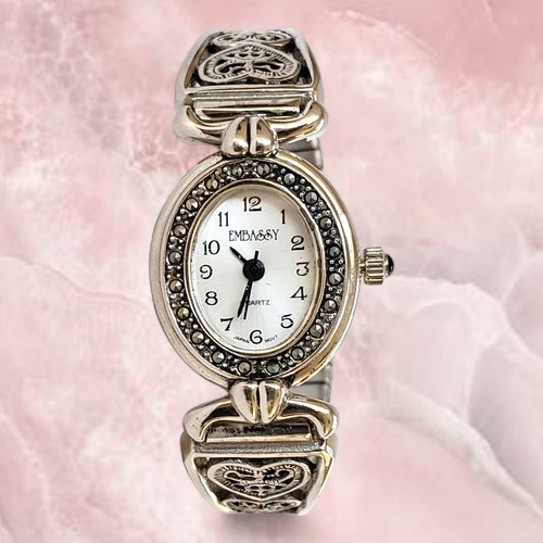 Vintage Embassy by Gruen Ladies Watch Marcasite Filigree Hearts Expansion 215* Embassy by Gruen Vintage Womens Quartz Watch Red Leather  main image 4