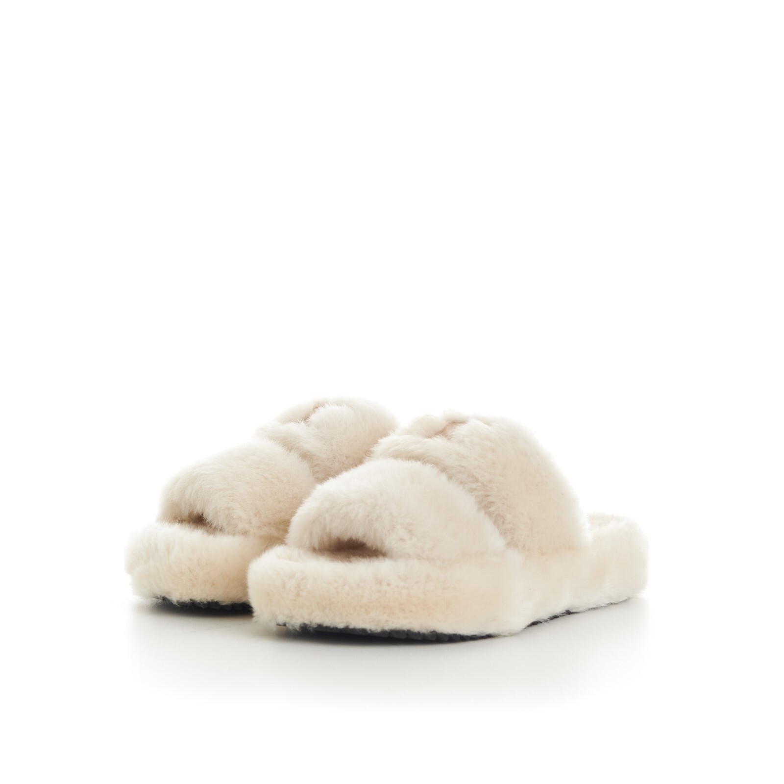 Pre-owned Celine 870$ Triomphe Open Shearling Fur Slide Sandals - Signature Leather Patch In Beige
