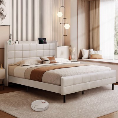 Bed Frame Fabric Bed With Type-C & USB Ports For Bedroom Home Living Room W2O2