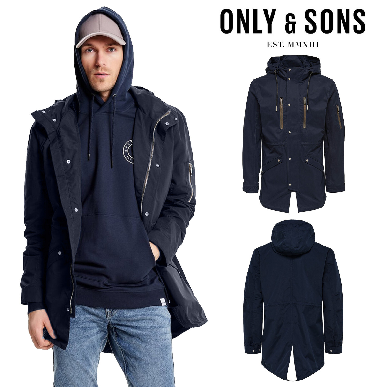 Only & Sons Mens Parka Jacket Drawstring Hooded Long Coat Only & Sons Mens Parka Jacket Drawstring Hooded Long Coat
