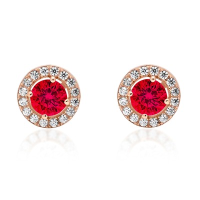 Pre-owned Pucci 1.6ct Round Cut Halo Red Simulated Ruby Designer Stud Earrings 14k Rose Gold