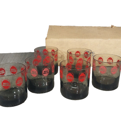 Big Red Houze Art Set of 6 Glasses Highball New Old Stock