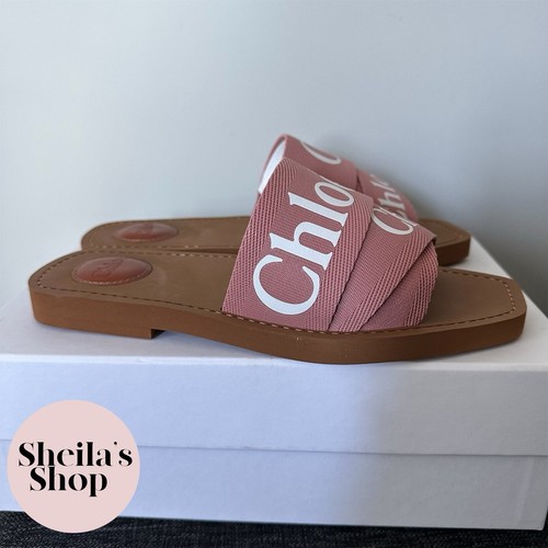 Pre-owned Chloé Chloe Woody Flat Canvas Mule Slide Sandals Pink Size 36