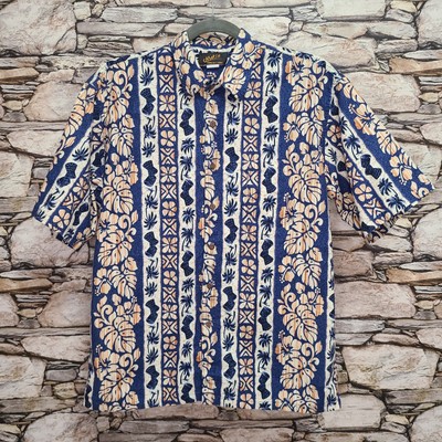 Maki's Mens Button Down Hawaiian Shirt Size XL Blue Orange Floral Palm Trees