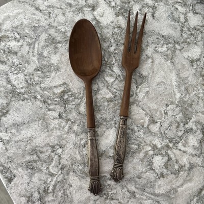 Web Sterling Silver Handle Wood Spoon & Fork Salad Service 10.5''