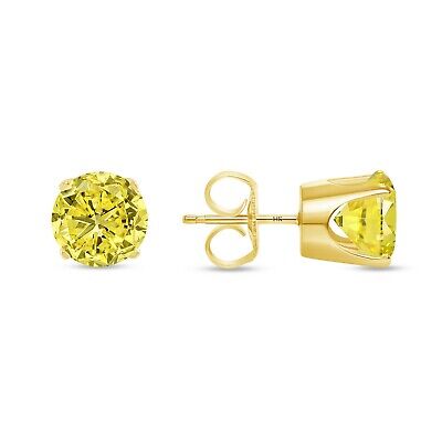 Pre-owned Shine Brite With A Diamond 3.50 Ct Round Canary Earrings Crown Set Studs Solid 14k Yellow Gold Push Back