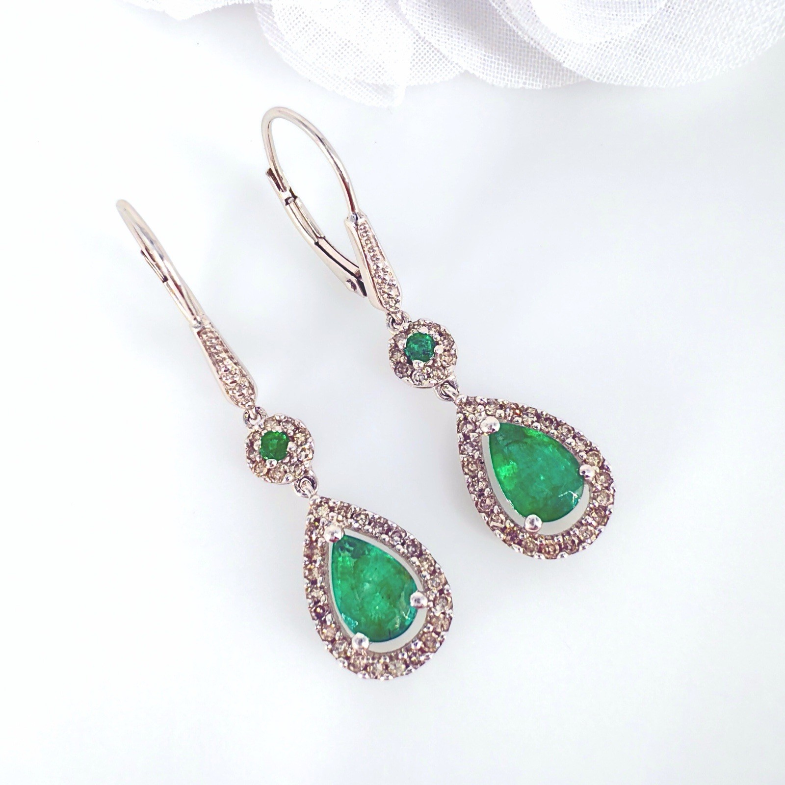 14k White Gold Genuine Emerald & Diamond Leverback Dangle Earrings, Preowned - Picture 6 of 11