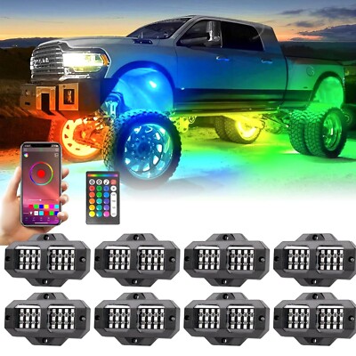 8pcs RGB-W  LED Rock Lights Kit Underbody Neon Light Pods Bluetooth App + Remote